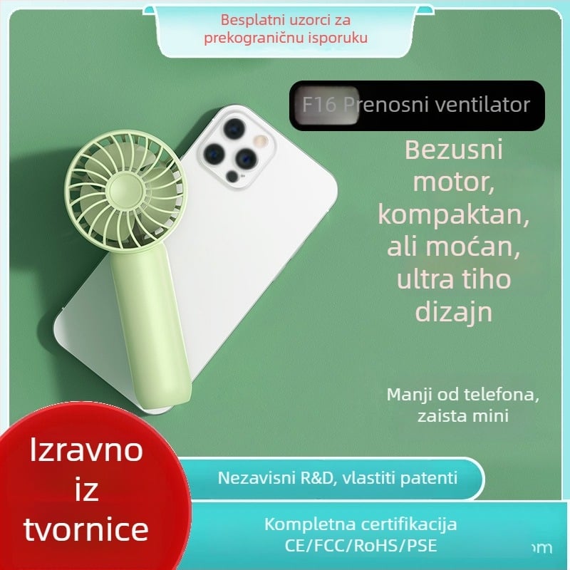 Prijenosni ručni ventilator s USB napajanjem, bezčetkasti motor, 3 lopatice, 3 brzine, ugrađena baterija 1200–2000mAh