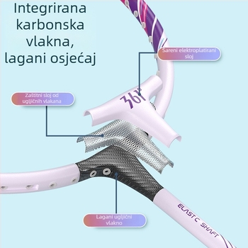 Reket badminton s okvirom od željeznog legura, težina 95–100 g, najlonske strune, ravna drška, hvat G1