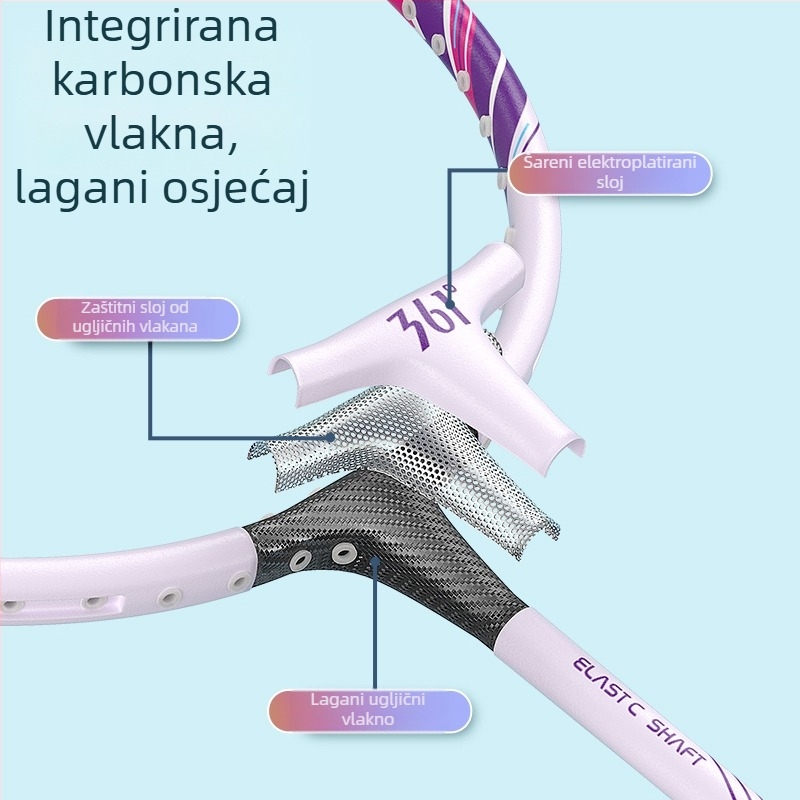 Reket badminton s okvirom od željeznog legura, težina 95–100 g, najlonske strune, ravna drška, hvat G1