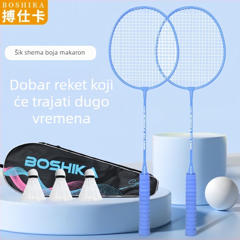 Bush Card badminton reketa, okvir od feros legure, težina 95–100 g, vodoravni udarac, najlon žica