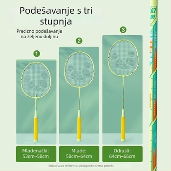 Badminton raketa s teleskopskom prilagodljivošću i podijeljenim dizajnom, okvir od željezne legure, duljina 665 mm, vlakna visoke elastičnosti