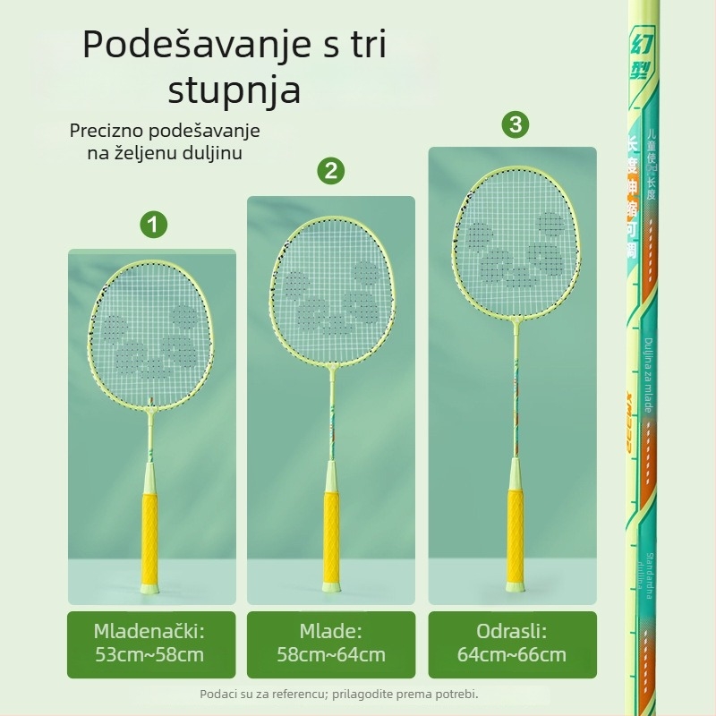 Badminton raketa s teleskopskom prilagodljivošću i podijeljenim dizajnom, okvir od željezne legure, duljina 665 mm, vlakna visoke elastičnosti