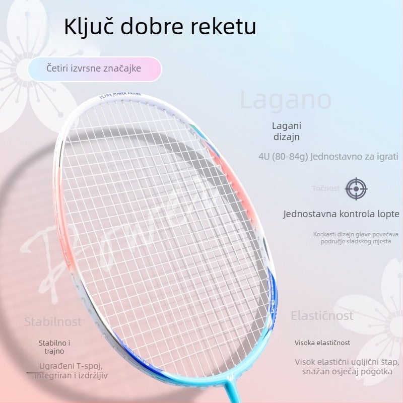 WITESS badminton reketa od karbonskih vlakana, težina 80–84 g, najlonske žice, ravna osovina, držač G5, pogodna za badminton i tenis, trening