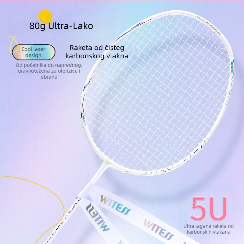 Raketa za badminton za muškarce i žene, okvir od karbonskih vlakana, težina 80–84 g, debljina drške G4, direktan udar, najlonske strune