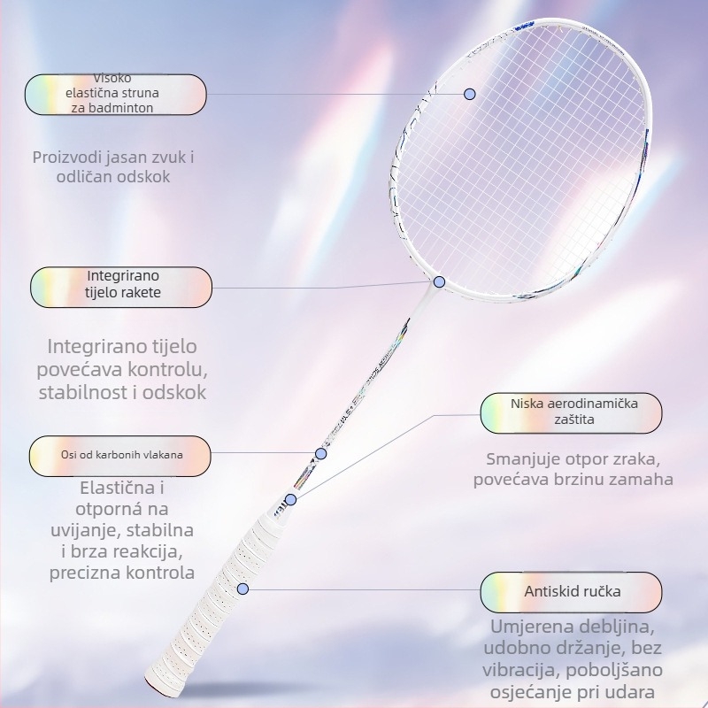 Raketa za badminton za muškarce i žene, okvir od karbonskih vlakana, težina 80–84 g, debljina drške G4, direktan udar, najlonske strune