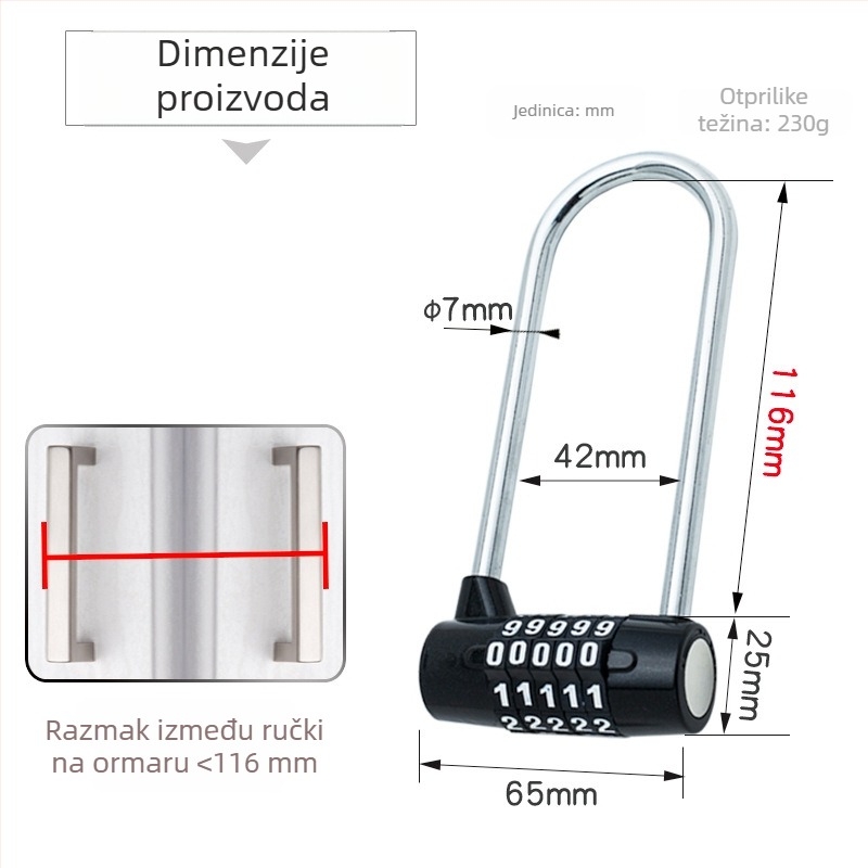 Drška za ormarske vrata s numeričkim kodom zaključavanja | model JL-115, materijal: cinkov spoj + PC, debljina zaključnog štapa 7 mm, rastojanje zaključnih štapova 43 mm, tip: brojke, stil: moderan jednostavno