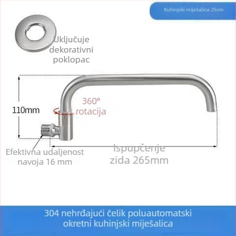 Kuhinjska slavina od nehrđajućeg čelika, za ugradnju u zid, okretna, samo hladna voda, keramički disk vent, brušena završetak
