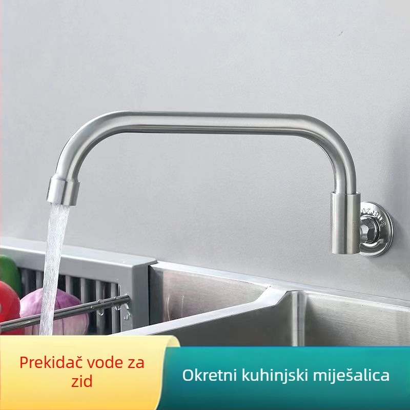 Kuhinjska slavina od nehrđajućeg čelika, za ugradnju u zid, okretna, samo hladna voda, keramički disk vent, brušena završetak