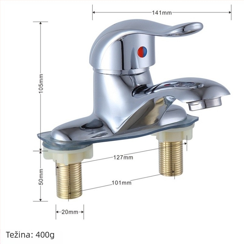Slavina za umivaonik kupaonice s toplom i hladnom vodom, miješani, bakar legura, keramički kartridž ventila, ugradnja na bazu