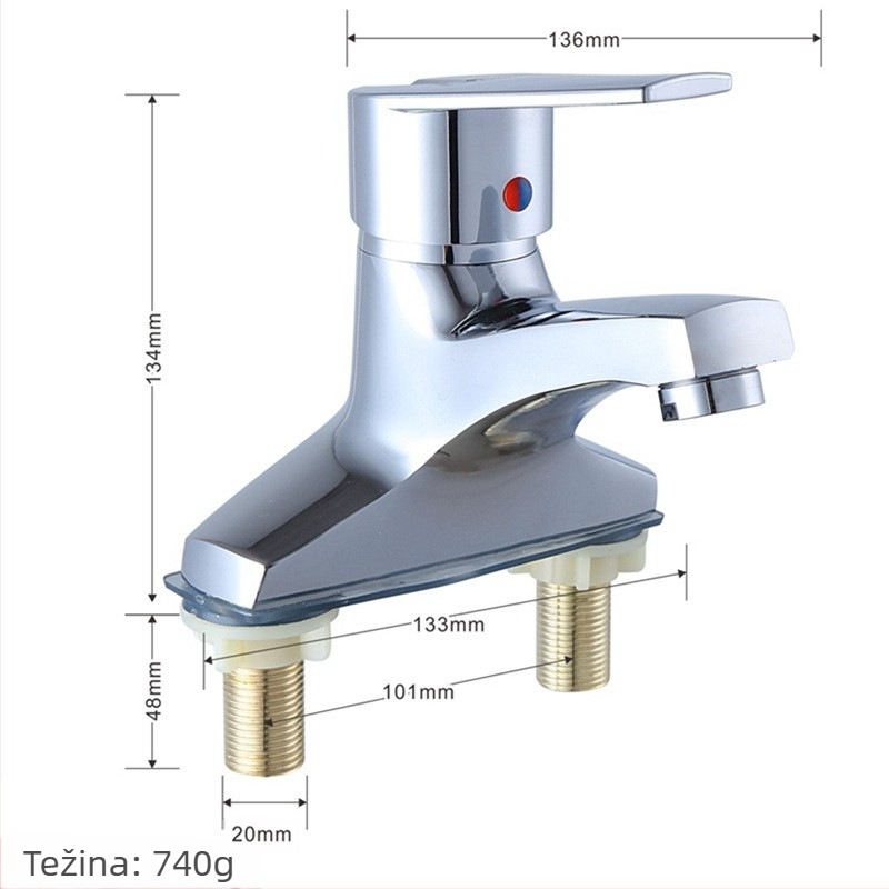 Slavina za umivaonik kupaonice s toplom i hladnom vodom, miješani, bakar legura, keramički kartridž ventila, ugradnja na bazu