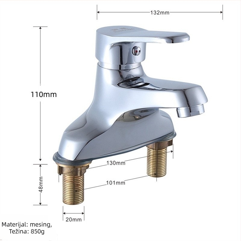 Slavina za umivaonik kupaonice s toplom i hladnom vodom, miješani, bakar legura, keramički kartridž ventila, ugradnja na bazu