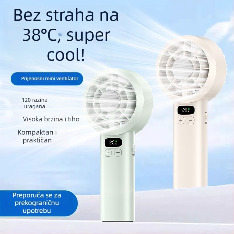 Ručni ventilator, 120 brzina, motor bez četkica, ugrađena baterija 1200–2000 mAh, USB napajanje