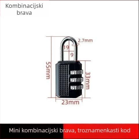 Kombinacijski katanc s digitalnim kodom, vodootporan, od cinkove legure; debljina zaključnog štapa 8 mm, razmak šipki 25,5 mm; pogodan za prtljagu, teretanu i ormar.