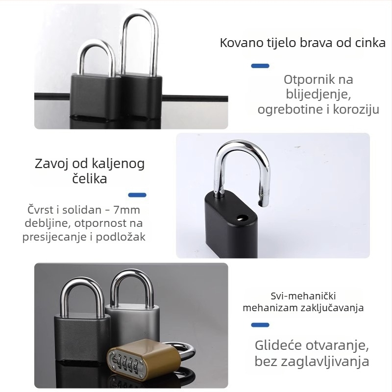 Kombinacijski katanc s digitalnim kodom, vodootporan, od cinkove legure; debljina zaključnog štapa 8 mm, razmak šipki 25,5 mm; pogodan za prtljagu, teretanu i ormar.