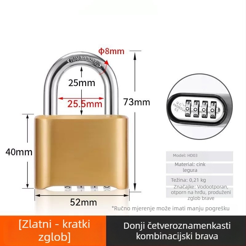 Kombinacijski katanc s digitalnim kodom, vodootporan, od cinkove legure; debljina zaključnog štapa 8 mm, razmak šipki 25,5 mm; pogodan za prtljagu, teretanu i ormar.