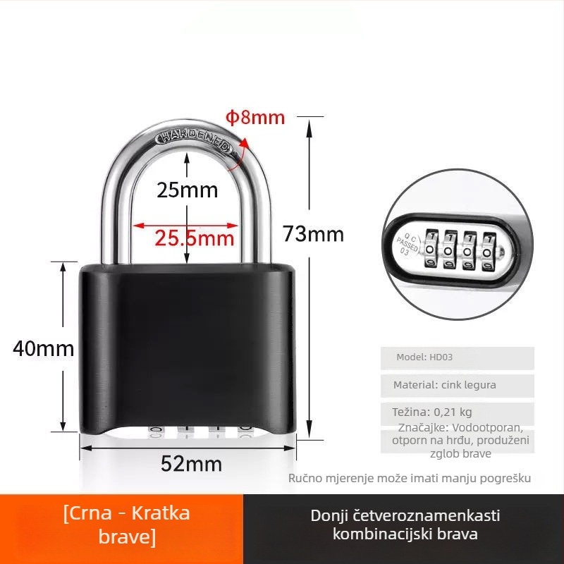 Kombinacijski katanc s digitalnim kodom, vodootporan, od cinkove legure; debljina zaključnog štapa 8 mm, razmak šipki 25,5 mm; pogodan za prtljagu, teretanu i ormar.