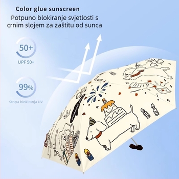 Sunčani kišobran s мотивom mačka i pas, UPF50+ UV zaštita, dvostruka upotreba sunce i kiša, džepni, 5-dijelni sklop, poliester 190T
