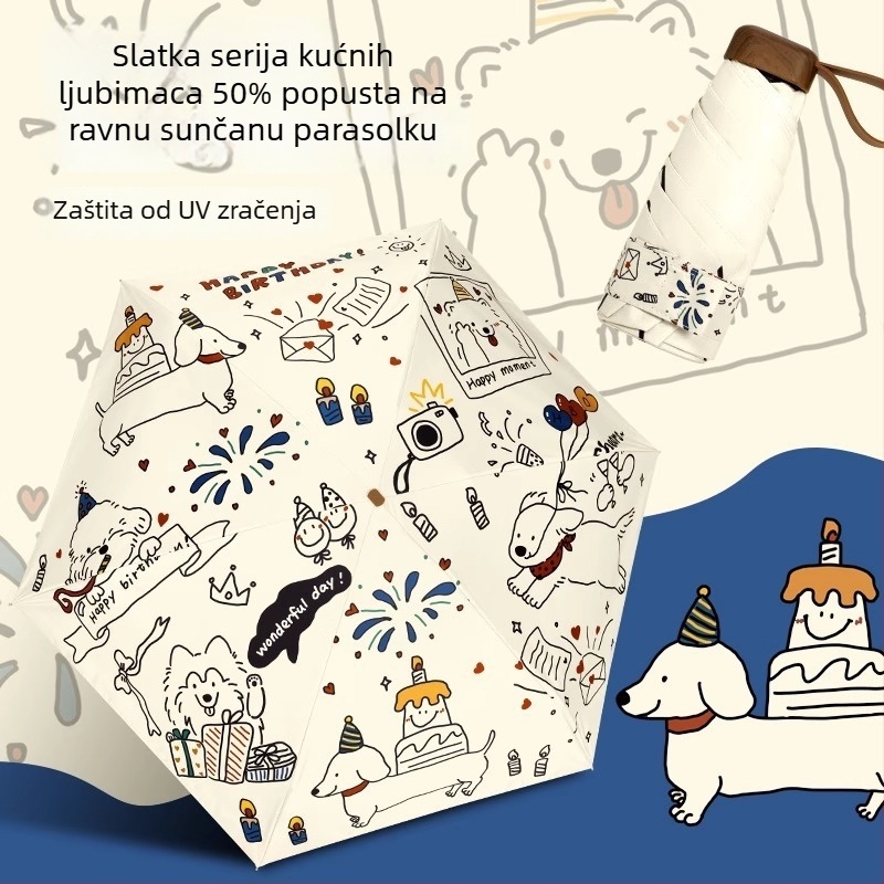 Sunčani kišobran s мотивom mačka i pas, UPF50+ UV zaštita, dvostruka upotreba sunce i kiša, džepni, 5-dijelni sklop, poliester 190T