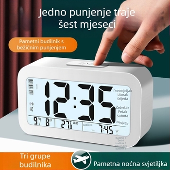 Budilica za studente s noćnim svjetlom, minimalistički modern dizajn, jednostrani zaslon, na baterije, plastično kućište