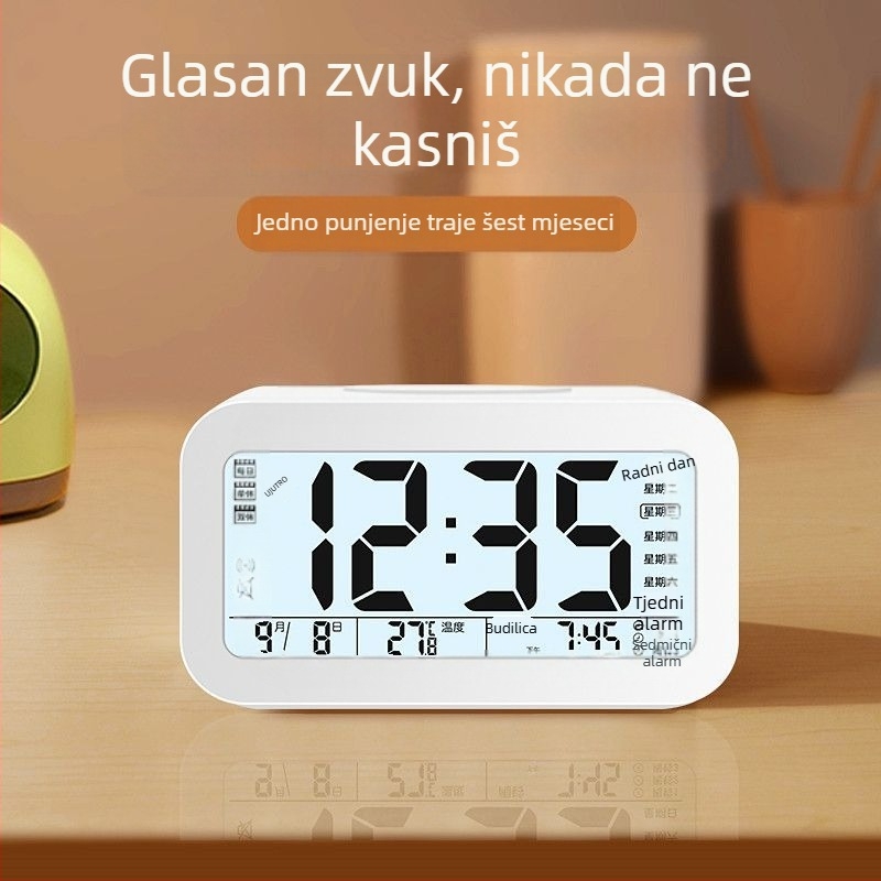 Budilica za studente s noćnim svjetlom, minimalistički modern dizajn, jednostrani zaslon, na baterije, plastično kućište