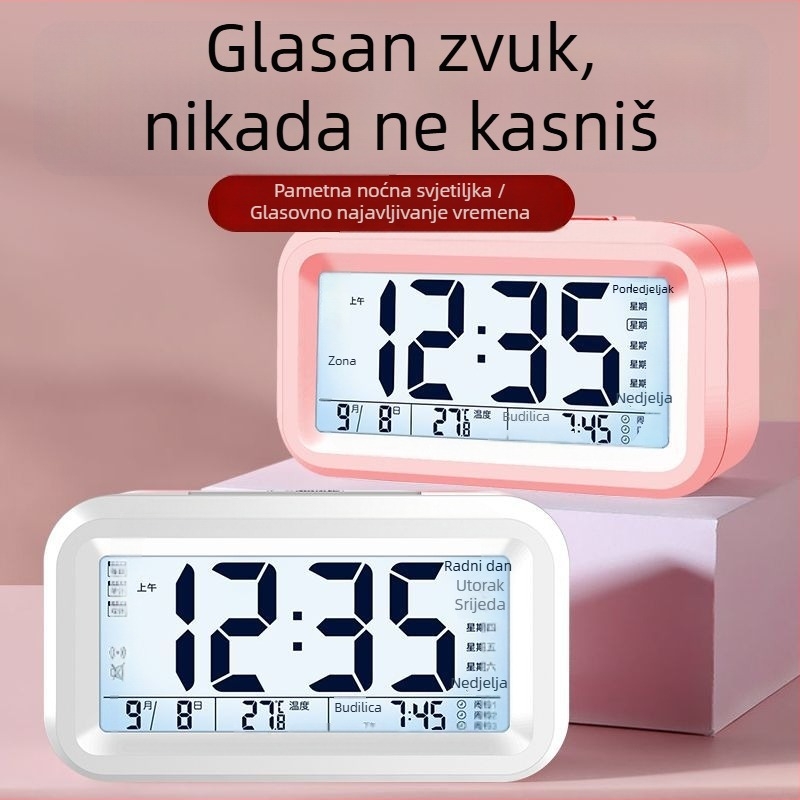 Budilica za studente s noćnim svjetlom, minimalistički modern dizajn, jednostrani zaslon, na baterije, plastično kućište
