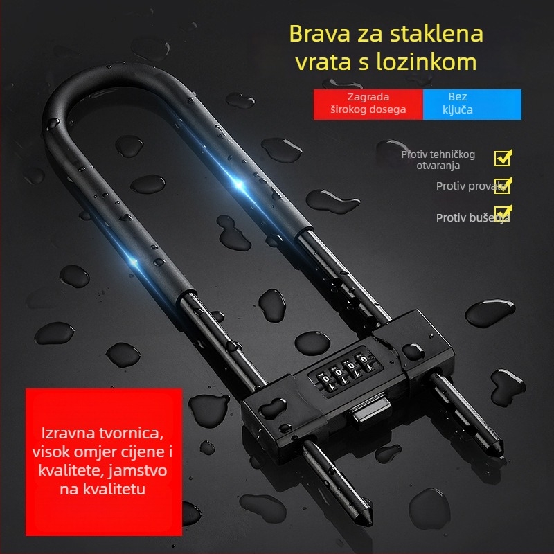 Brava s kodom za staklena vrata, vodootporna i otporna na hrđu, brava u obliku U, kućni set brave