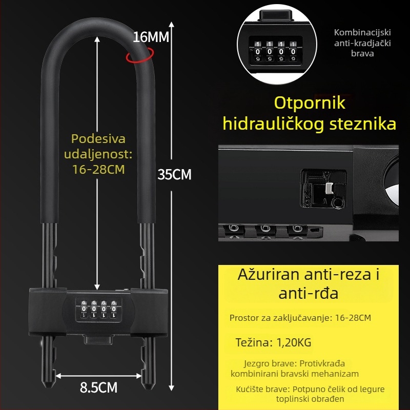 Brava s kodom za staklena vrata, vodootporna i otporna na hrđu, brava u obliku U, kućni set brave