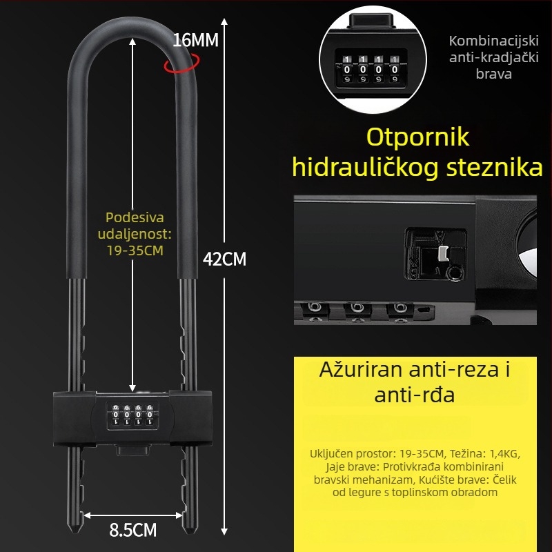 Brava s kodom za staklena vrata, vodootporna i otporna na hrđu, brava u obliku U, kućni set brave
