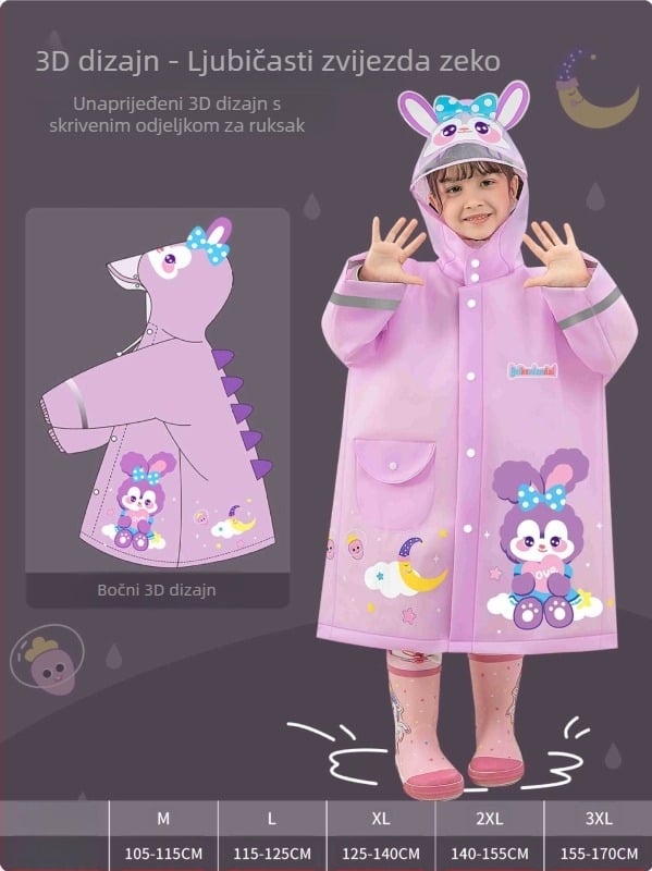 Dječje EVA kišno pončo s karikaturnim dizajnom, EVA tkanina 0,15 mm, reflektirajuća traka, kopča s klikom