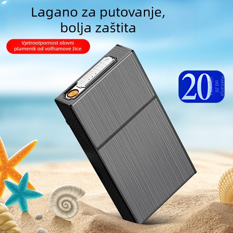 Aluminijska kutija za cigarete s integriranim punjivim upaljačem, moderni minimalistički stil, prilagodljivo graviranje/logotip, idealan poklon za rođendane, useljenje ili poslovne darove