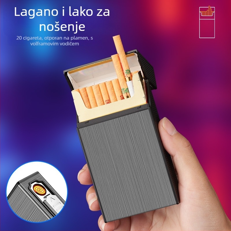 Aluminijska kutija za cigarete s integriranim punjivim upaljačem, moderni minimalistički stil, prilagodljivo graviranje/logotip, idealan poklon za rođendane, useljenje ili poslovne darove