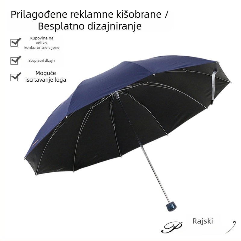 Reklamni sunčani kišobran s 10 čeličnih rebara, 190T tkanina, ručno otvaranje i zatvaranje, tisak loga, plastična drška