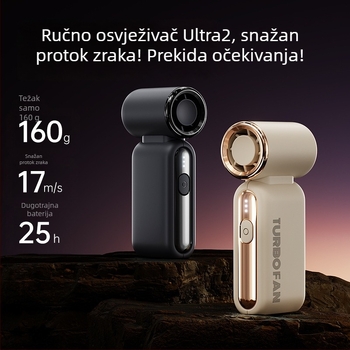 Izuzetno brz ručni turbinski ventilator — USB napajanje, ugrađena baterija 2000–4000 mAh, 3 brzine, 36 dB buka, kompaktan mini ručni ventilator