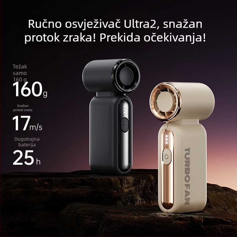 Izuzetno brz ručni turbinski ventilator — USB napajanje, ugrađena baterija 2000–4000 mAh, 3 brzine, 36 dB buka, kompaktan mini ručni ventilator