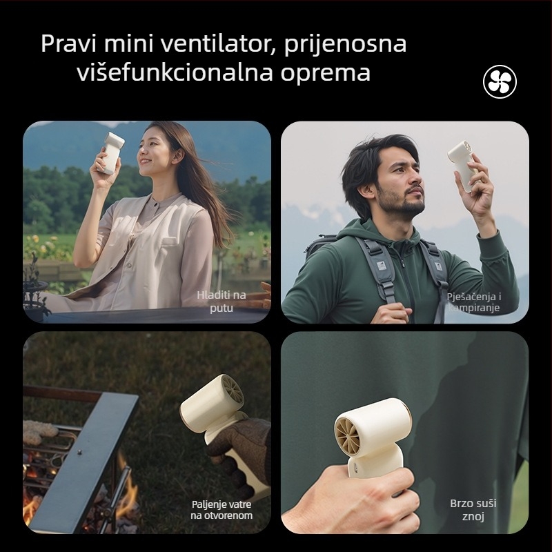 Izuzetno brz ručni turbinski ventilator — USB napajanje, ugrađena baterija 2000–4000 mAh, 3 brzine, 36 dB buka, kompaktan mini ručni ventilator