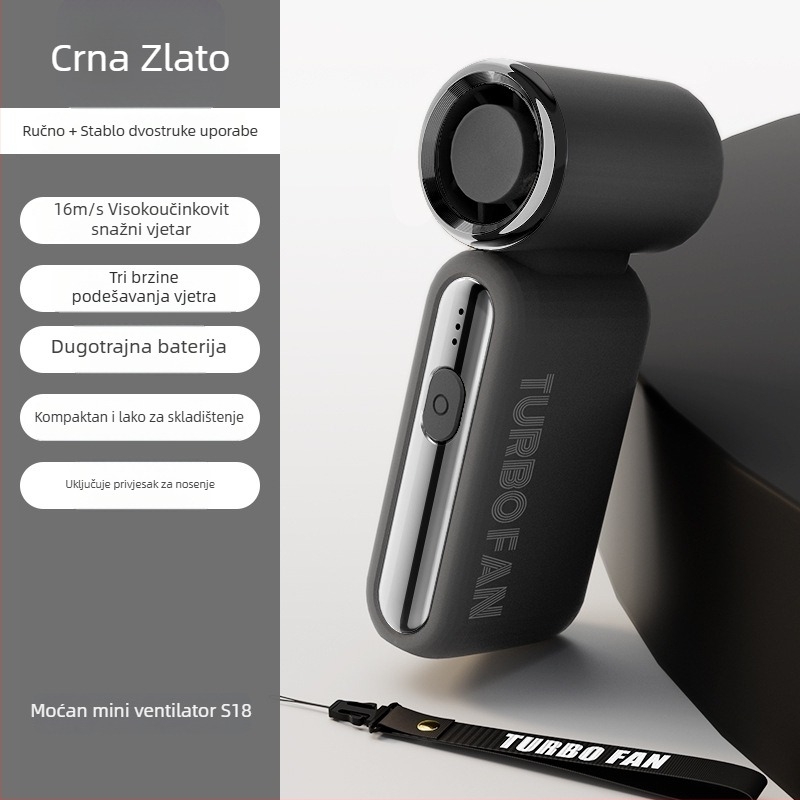 Izuzetno brz ručni turbinski ventilator — USB napajanje, ugrađena baterija 2000–4000 mAh, 3 brzine, 36 dB buka, kompaktan mini ručni ventilator