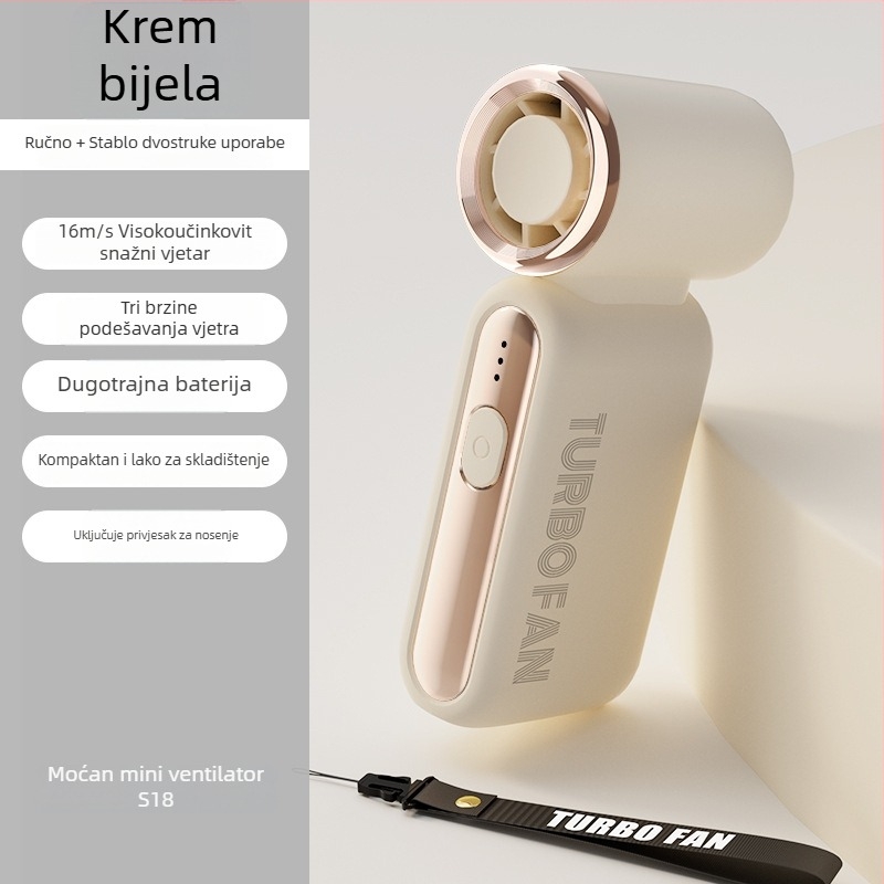 Izuzetno brz ručni turbinski ventilator — USB napajanje, ugrađena baterija 2000–4000 mAh, 3 brzine, 36 dB buka, kompaktan mini ručni ventilator