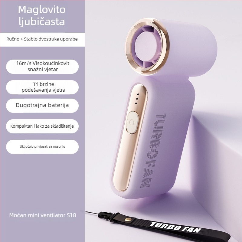 Izuzetno brz ručni turbinski ventilator — USB napajanje, ugrađena baterija 2000–4000 mAh, 3 brzine, 36 dB buka, kompaktan mini ručni ventilator