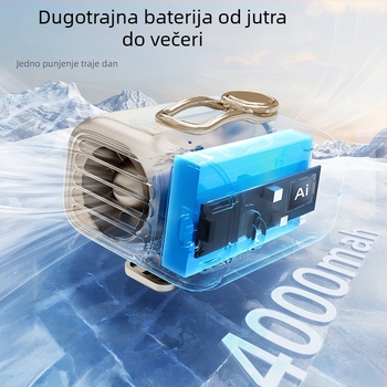 Mini pojasni ventilator – prenosni s klipom za pojas; za nošenje na struku ili na stol; 5 brzina; brushless motor; ugrađena baterija 4000–6000 mAh; USB punjenje; buka < 36 dB
