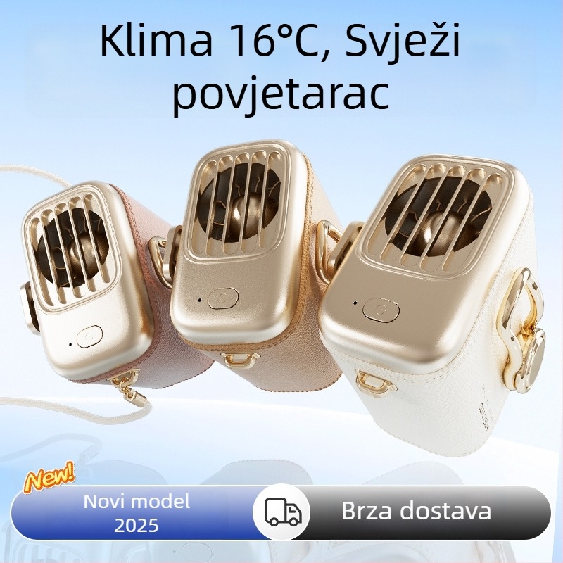 Mini pojasni ventilator – prenosni s klipom za pojas; za nošenje na struku ili na stol; 5 brzina; brushless motor; ugrađena baterija 4000–6000 mAh; USB punjenje; buka < 36 dB