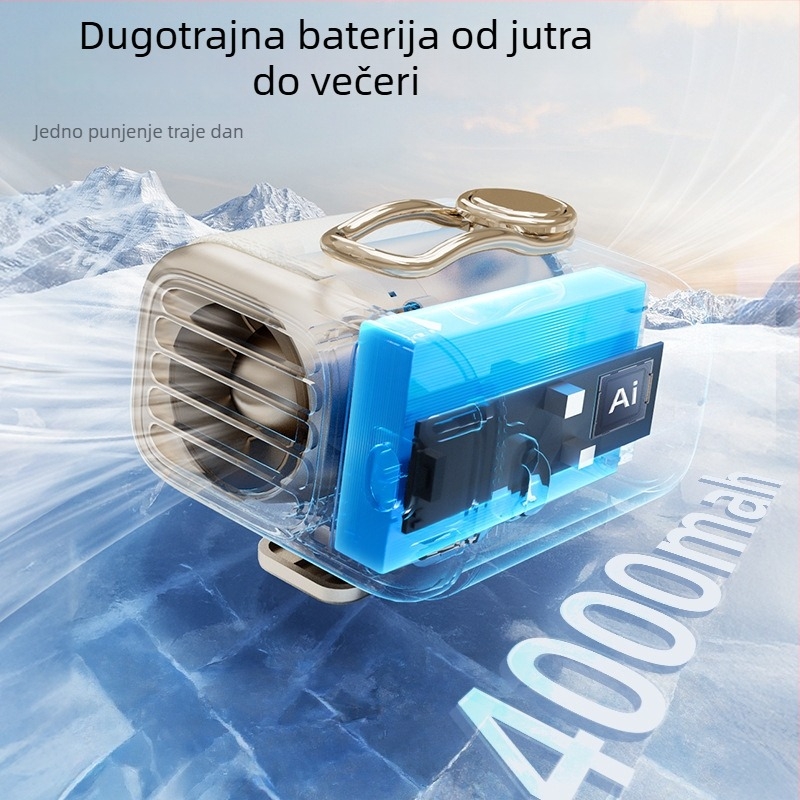 Mini pojasni ventilator – prenosni s klipom za pojas; za nošenje na struku ili na stol; 5 brzina; brushless motor; ugrađena baterija 4000–6000 mAh; USB punjenje; buka < 36 dB