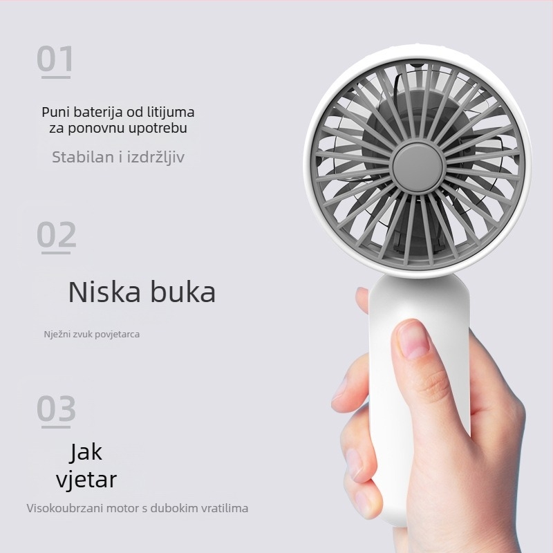 Ručni USB ventilator, 3 brzine, 4 lopatice, ABS kućište, ugrađena baterija 300–500 mAh
