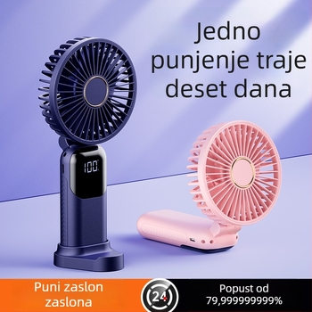 Prijenosni ručni ventilator s mogućnošću nošenja oko vrata i sklopiv, 5 brzina, USB napajanje 5V, ugrađena baterija 1200–2000mAh, vrijeme rada 6–8 sati, držač za telefon
