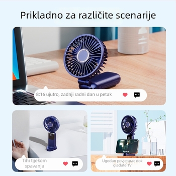 Prijenosni ručni ventilator s mogućnošću nošenja oko vrata i sklopiv, 5 brzina, USB napajanje 5V, ugrađena baterija 1200–2000mAh, vrijeme rada 6–8 sati, držač za telefon