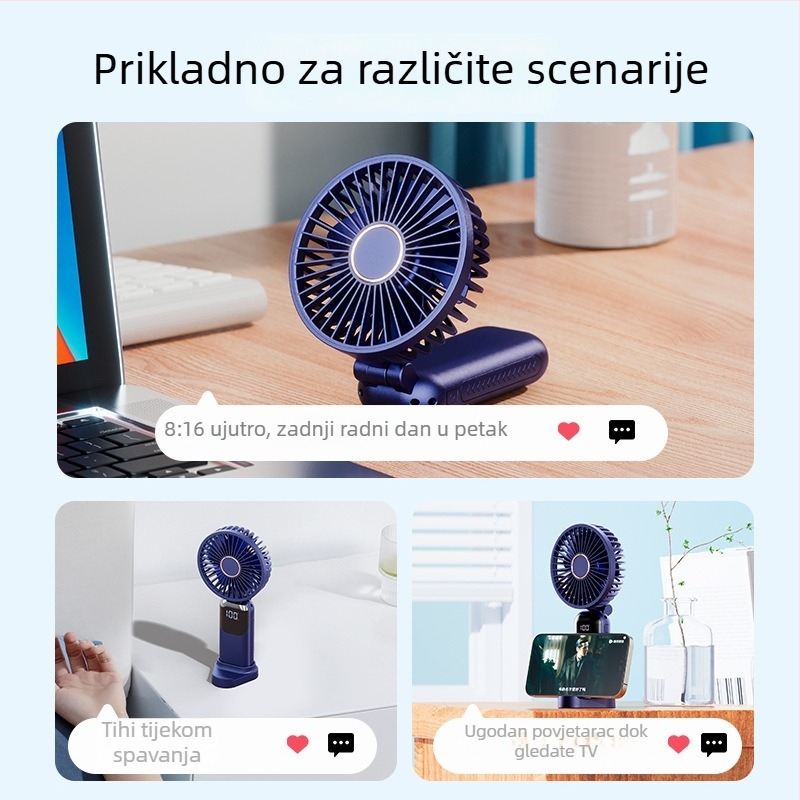 Prijenosni ručni ventilator s mogućnošću nošenja oko vrata i sklopiv, 5 brzina, USB napajanje 5V, ugrađena baterija 1200–2000mAh, vrijeme rada 6–8 sati, držač za telefon