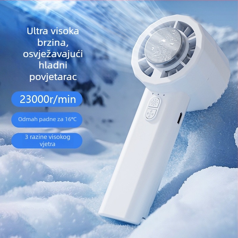 Ručni prijenosni ventilator za hlađenje s ugrađenom baterijom 1200–2000 mAh, 6+ lopatica, motor bez četkica, USB punjenje, 3 brzine, buka ≤36 dB, termoelektrično hlađenje.
