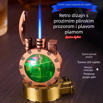 Metalni plamenik na butan s LED, otporan na vjetar, retro kružnog dizajna, s otisnutim logotipom, pakiranje 100 komada