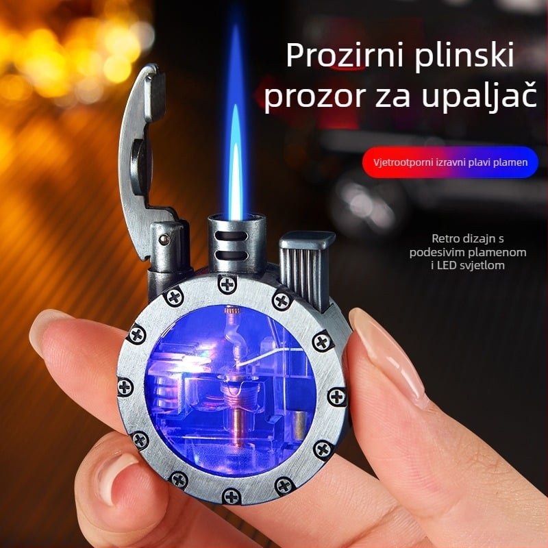 Metalni plamenik na butan s LED, otporan na vjetar, retro kružnog dizajna, s otisnutim logotipom, pakiranje 100 komada