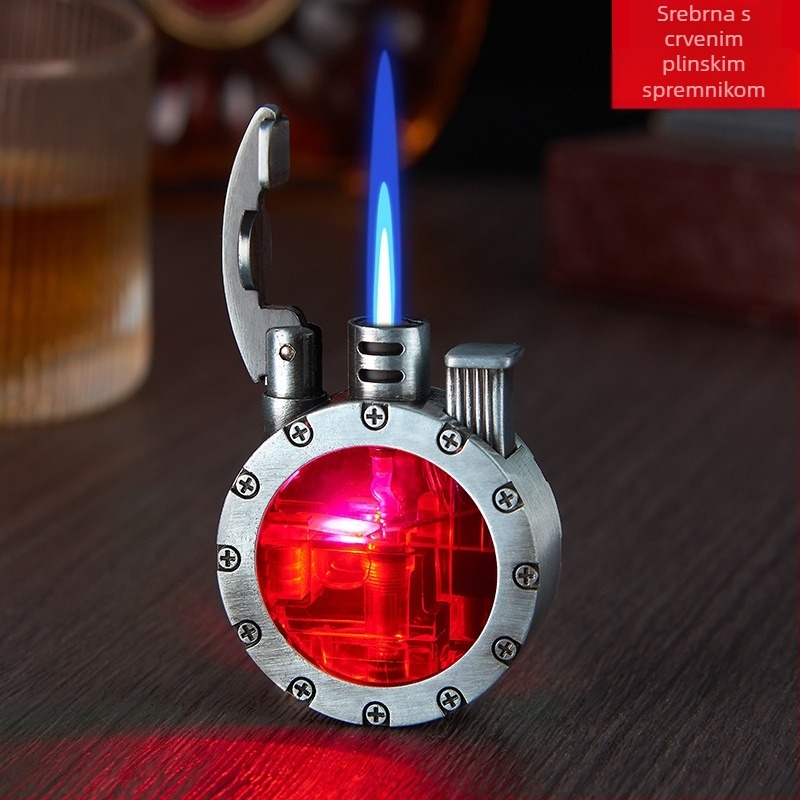 Metalni plamenik na butan s LED, otporan na vjetar, retro kružnog dizajna, s otisnutim logotipom, pakiranje 100 komada