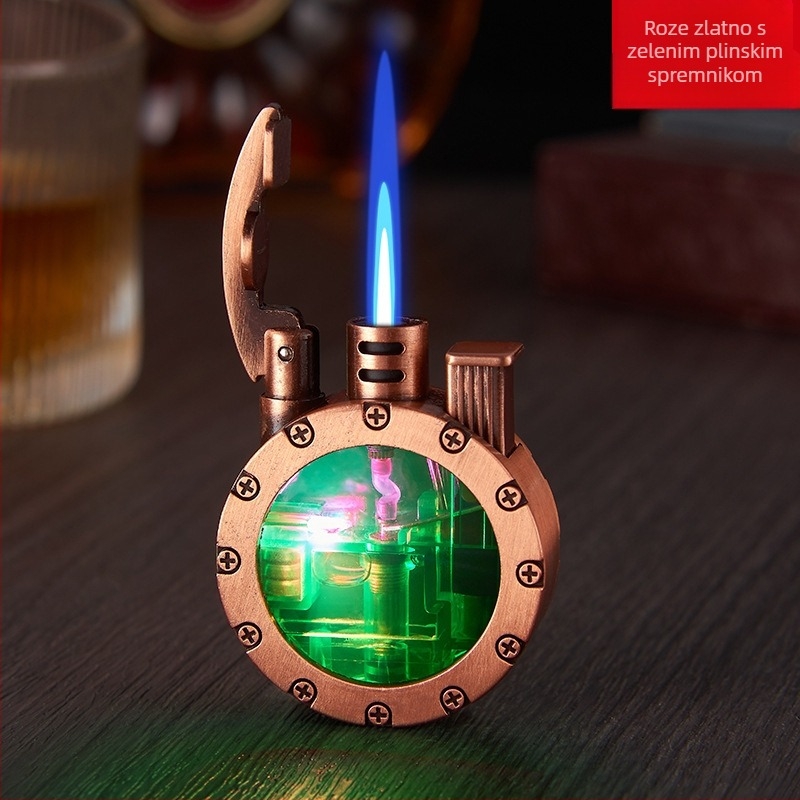 Metalni plamenik na butan s LED, otporan na vjetar, retro kružnog dizajna, s otisnutim logotipom, pakiranje 100 komada